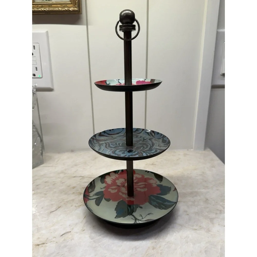 3-Tiered Metal Jewelry Tray Floral Jewerly Trinket Dish Cottagecore Boho